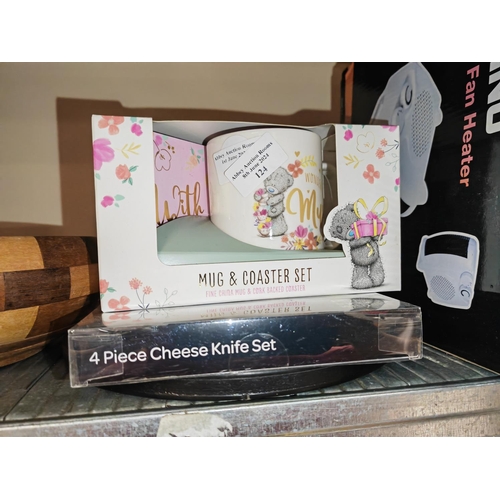 124 - Mug And Coaster Set In Packaging Plus 4 Pce Cheese Knife Set And Etched Mirror