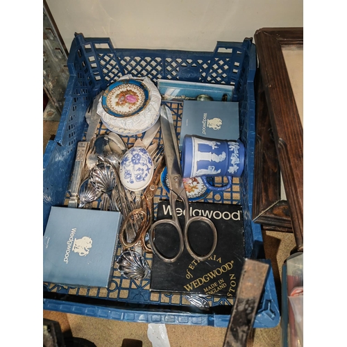 142 - Blue Tray Of Wedgwood And Silver Plated Ware Including Cutlery And A Big Pair Of Dress Scissors