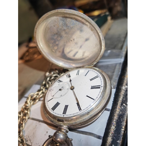 692 - Silver Pocket Watch With Fob Chain With Key And T Bar