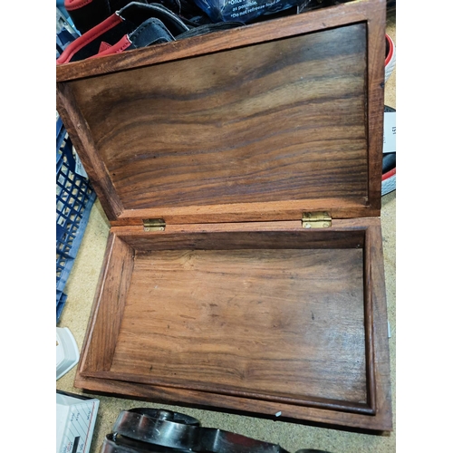 150 - Wooden Box With Inlaid Brass Features Plus Large Religious Beads