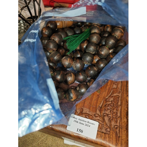 150 - Wooden Box With Inlaid Brass Features Plus Large Religious Beads