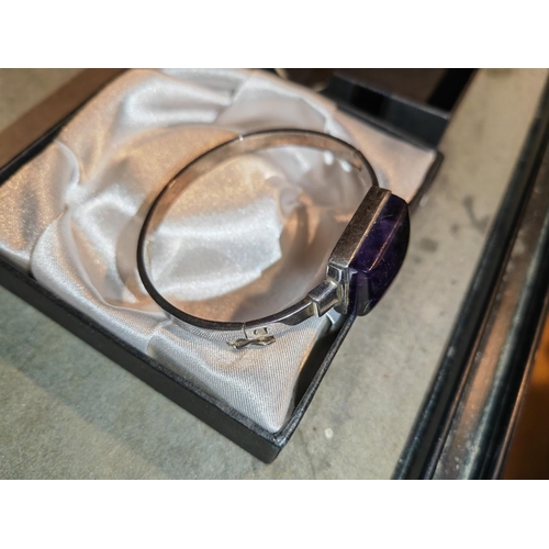 386 - English Hallmarked Silver Bangle With Amethyst Stone