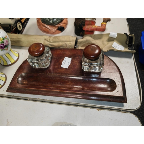 473 - Wooden Desk Tidy With Ink Wells