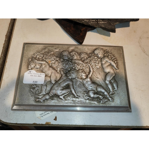 533 - Alluminium Cherub Wall Plaque Dated 1915