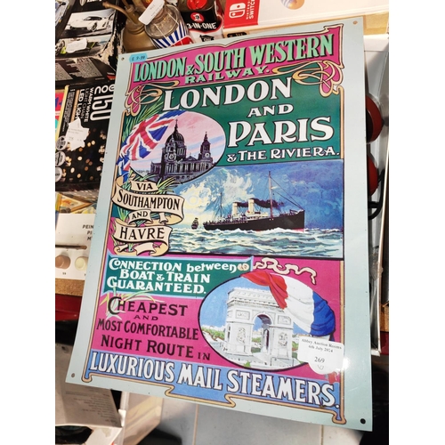 269 - Tin Plate Sign London And Paris Riviera, Plus A Small Picture Made From Butterfly Wings