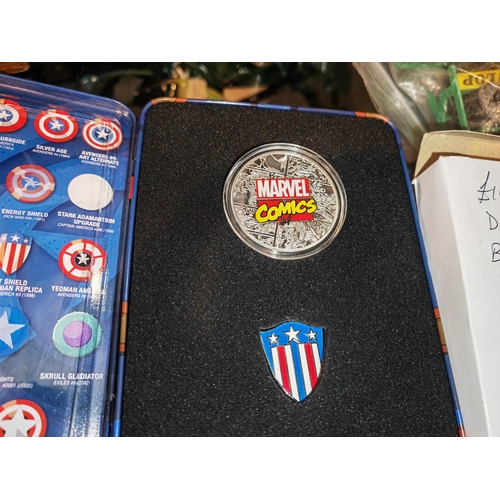 289 - 999 Silver Plated Captain America Coin With Original Pin Badge In Tin