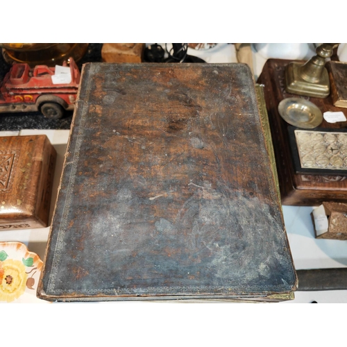 576 - Antique Oak Box With Antique 1841 Life Of Christ Book, Along With Cross, Brass Candlestick Religious... 