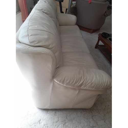 814 - Cream Leather 3 Seater Sofa Showing A Little Wear And A Few Cat Scratches