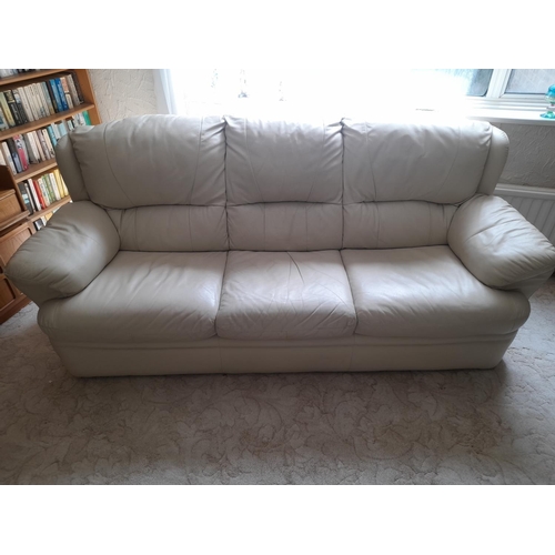 814 - Cream Leather 3 Seater Sofa Showing A Little Wear And A Few Cat Scratches