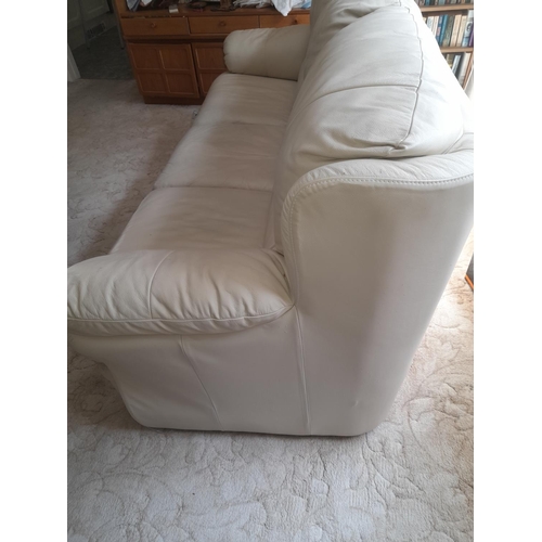 814 - Cream Leather 3 Seater Sofa Showing A Little Wear And A Few Cat Scratches