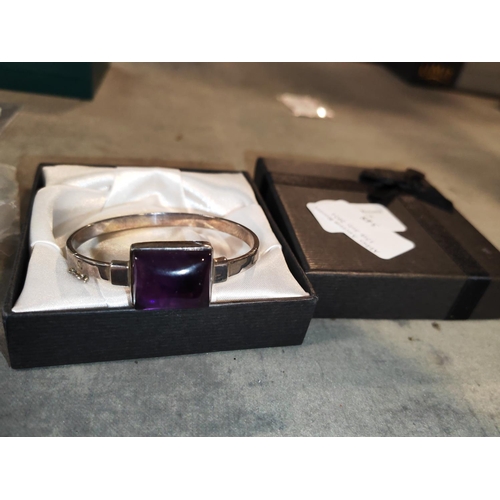 348 - English Hallmarked Silver Bangle With Amethyst Stone