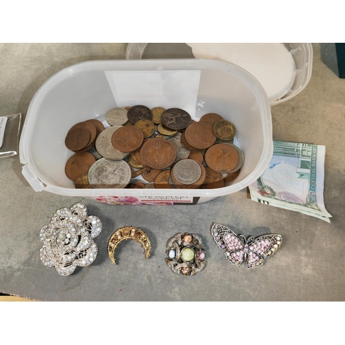 377 - Tub Of Coins And Brooches