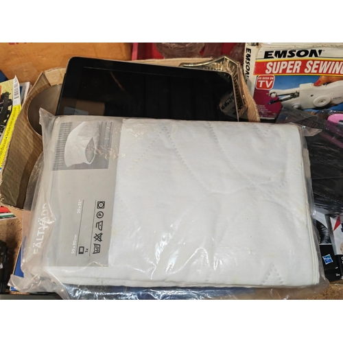 190 - Small Box Of Assorted Items Including A Pump, Hand Sewing Machine, Ipad For Spares Etc