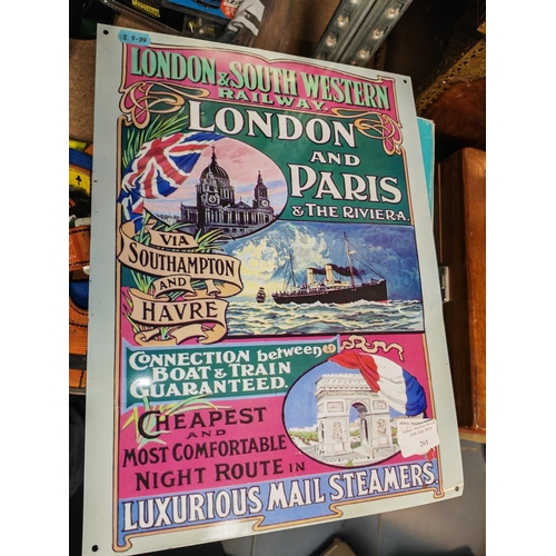 261 - Tin Plate Sign London And Paris Riviera, Plus A Small Picture Made From Butterfly Wings