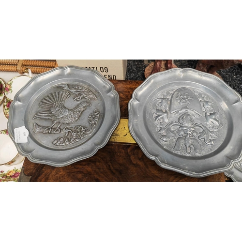 465 - 5 French Pewter Wall Plates Cherub Patterned