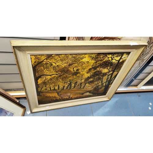 104 - Framed Oil On Board Of A Deer In The Forest Signed