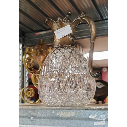 428 - Cut Glass Crystal Claret With Silver Top And Handle
