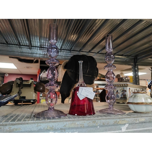 431 - 2 Glass Candlesticks Plus A Whitefriars? Red Glass Twist Stem Bell