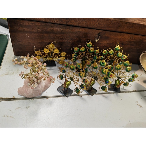 443 - Set Of Metal Peacock Menu Holders Plus A Small Salt Crystal Bonsai Tree