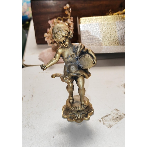 445 - Small Heavy Brass Putti Cherub Ornament Playing Drum