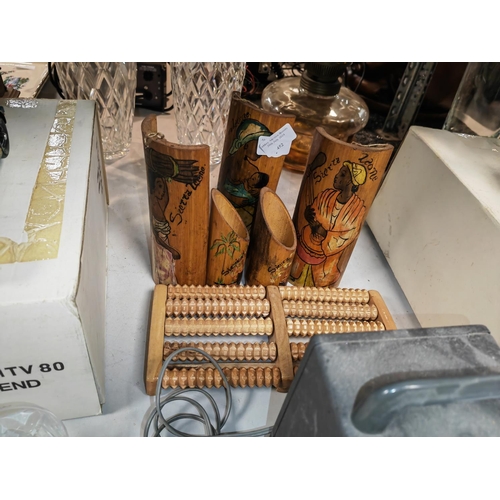 452 - 3 Curved Wooden African Pictures On Pots Plus A Back Massager