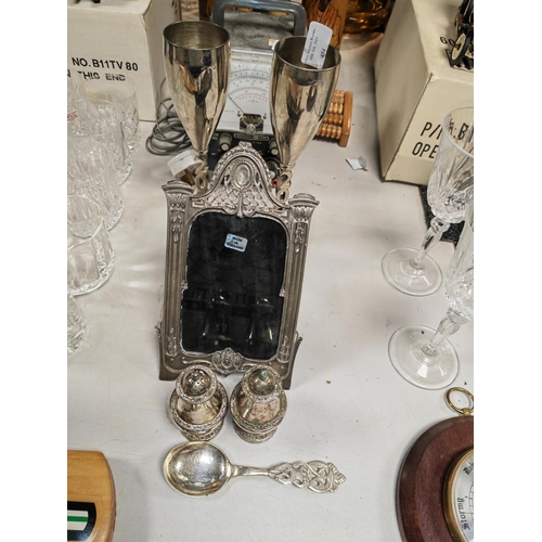 454 - Pair Of Millenium Metal Glasses Plus Photo Framed, Cruet Set And Spoon