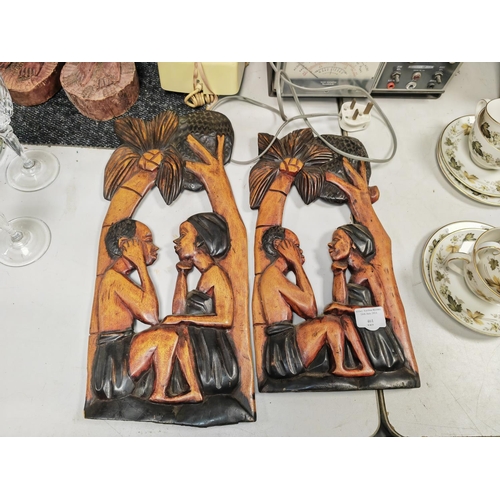 461 - 2 Large African Carved Lady And Man Wall Plaques
