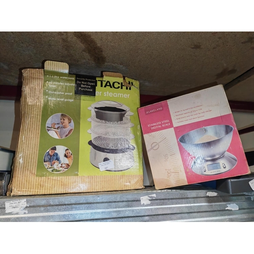 587 - Hitachi Pre Steamer And Stainless Steal Digital Kitchen Scales Both Boxed