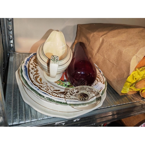 593 - Selection Of China Plates And Red Glass Vase