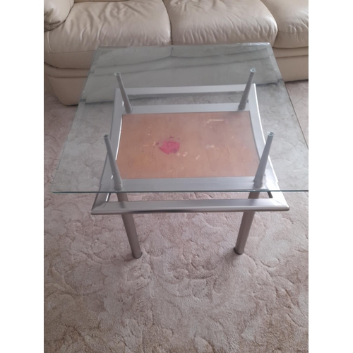 716 - Matching Designer Glass Topped Side Table Wooden Insert Needs Tidying
