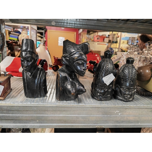 435 - 2 Small African Carved Heads Both Have Splits + 2 Lady And Man African Carvings