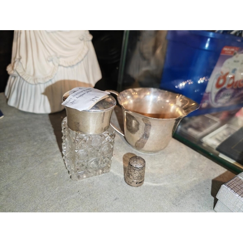 323 - Hallmarked Silver Top Bottle + White Metal Jug + Silver Thimble