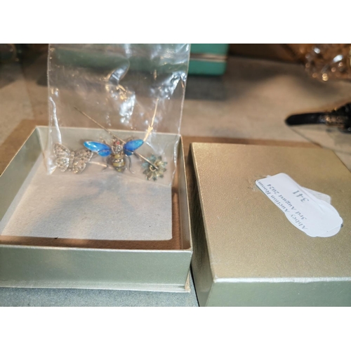 341 - 3 Jewellery Items Butterfly, Flower Tie Pin And Enamelled Fly