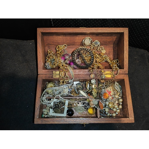 303 - Wooden Box Of Costume Jewellery