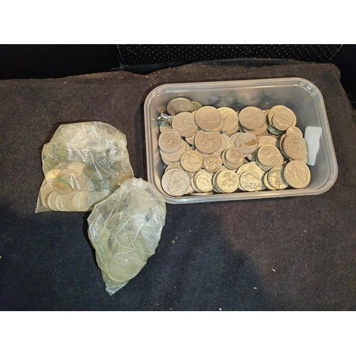 306 - Box Of British Money + A Bag Of Sixpences And A Bag Of 2 Shillings