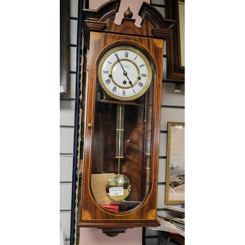 549 - Comitti Of London Mahogany Inlaid Wall Clock With Pendulum And Key