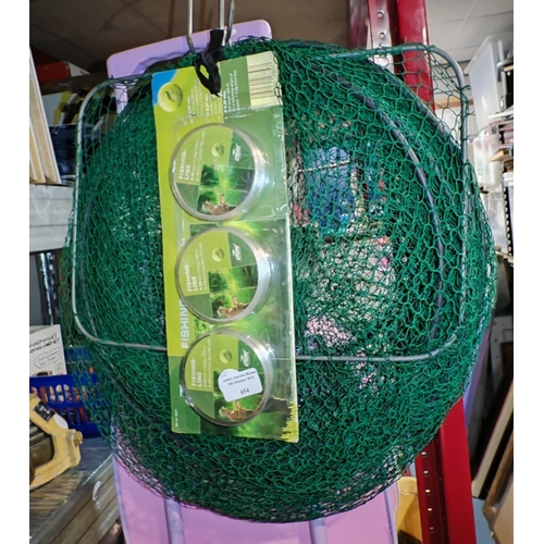 654 - Large Fishing Keep Net Plus 3 Unused Cans Of Fishing Line