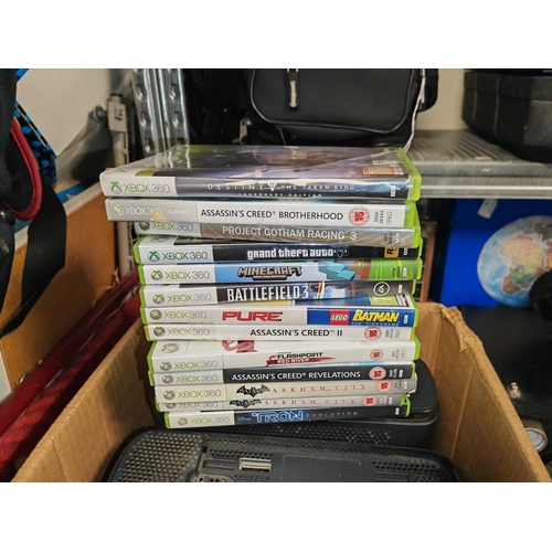 138 - Box With 2 Xbox 360 Consoles Plus 4 Hand Controllers Plus Various Games