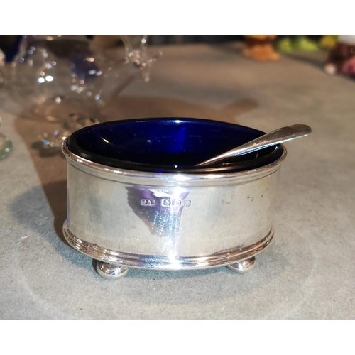 342 - Silver Mustard Pot With Blue Liner Birm 1922 And Spoon Birmingham 1925