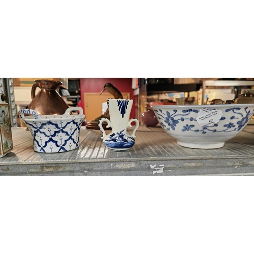 427 - Large Patterned Oriental Patterned Bowl Plus A Oriental Lattice Ware Basket And A Small Delf Vase