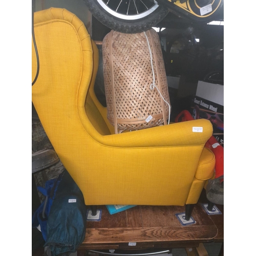 47 - Ikea Mustard Coloured Wing Back Chair With Foot Stool Missing One Bolt Easy Fix