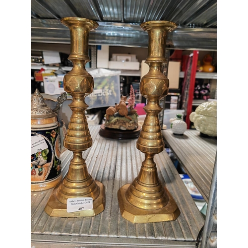 487 - Pair Of Brass Candlesticks