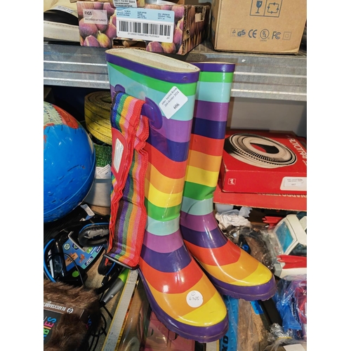 606 - Pair Of Rainbow Coloured Wellies Plus A Case Strap