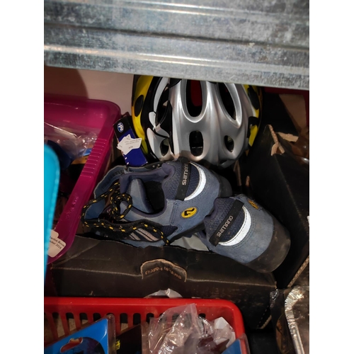 659 - Box Of Pedal Cleats And Shimano Cycling Shoes, Racing Saddler And Helmet