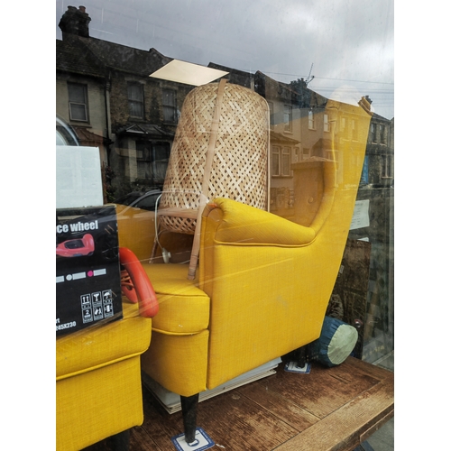 47 - Ikea Mustard Coloured Wing Back Chair With Foot Stool Missing One Bolt Easy Fix