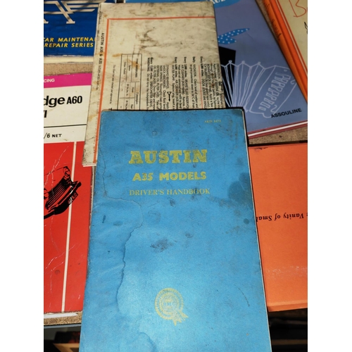 3 - Pile Of Austin Motor Car Books And Handbooks In Morris Minor, A35,A25 , Cambridge A60 And Old Lubric... 