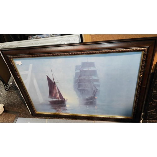 553 - Large Framed Print Of Two Sailing Ships