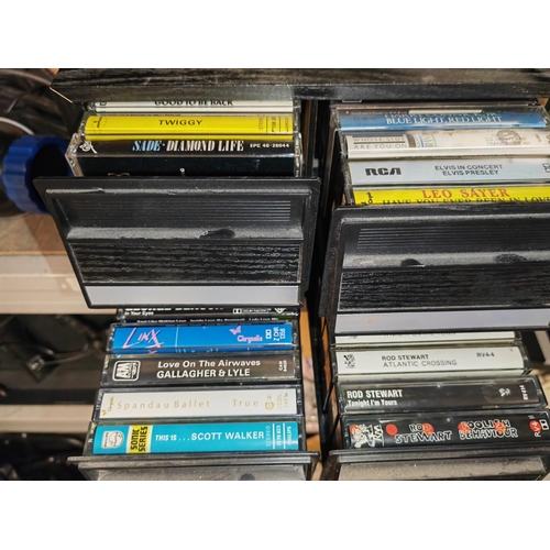 718 - 6 Draw Cassette Storage Unit With Cassettes And A Kindo Vhs Rewinder