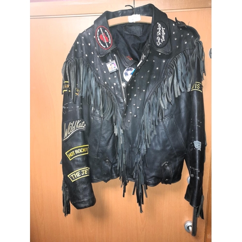 19 - Original Old Rockers Leather Jacket, Large Black Fringed Rock N Roll, Some Patches Missing But Lots ... 