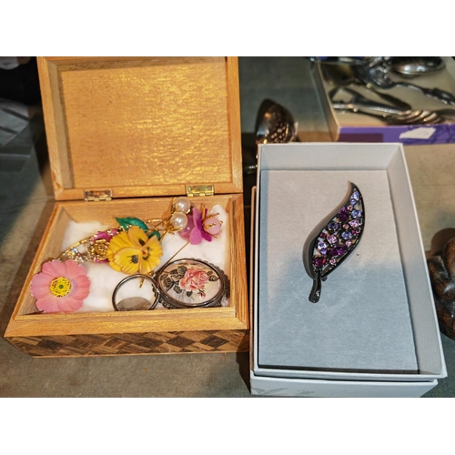 378 - Wooden Box Of Jewellery Plus A Brooch